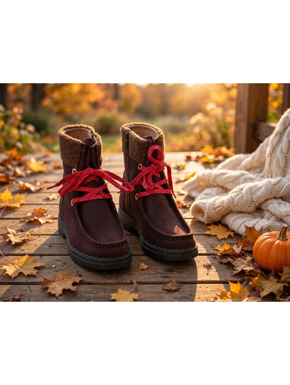 Life Stride Cozy Moccasin Lace Up Boots Women Size 7.5 Faux Fur Collar Red Laces